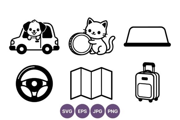 Pet Travel Icons Black White Vector Art