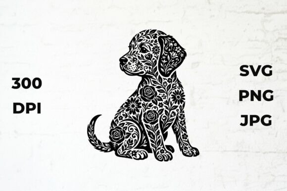 Sitting Puppy Dog Silhouette with Floral