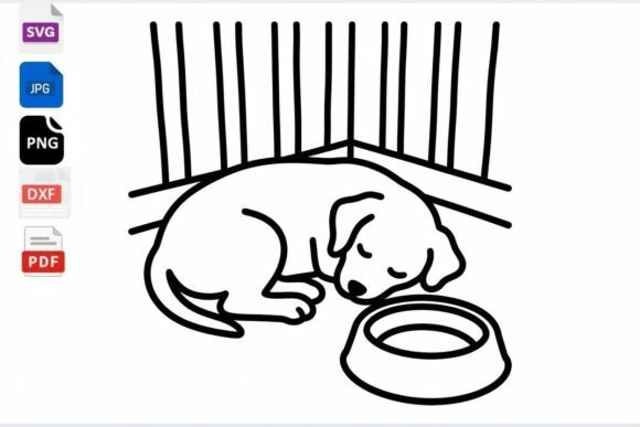 Sleeping Puppy Dog with Food Bowl Line