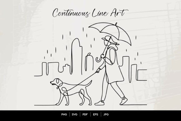 Woman Walking Dog in Rain Line Art